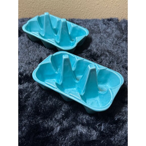 Ceramic Egg Holder Trays  Teal Blue Color  Set Of 2  6 Slots Each - Picture 2 of 8